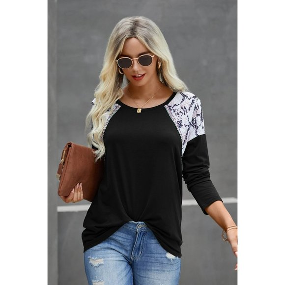 New Round Neck Long Sleeve Color Block Top w/Leopard Accents - Picture 3 of 5